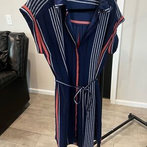 Express Blue and White Wrap Midi Dress with Notched Collar